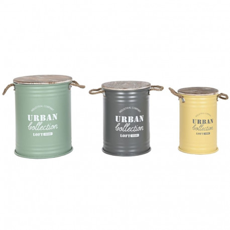 Decorative canister Home ESPRIT Yellow Green Grey Dark brown Metal Paolownia wood Vintage 38 x 38 x