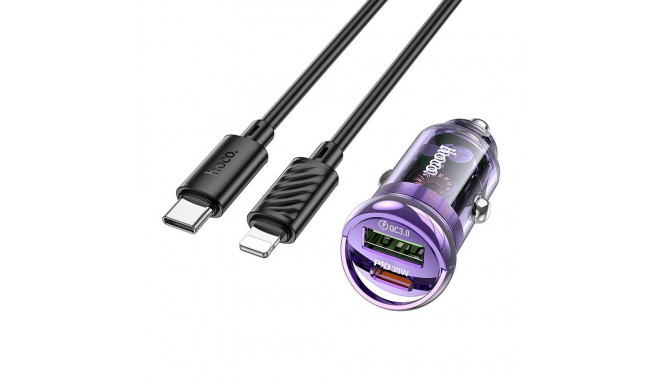 HOCO car charger USB A + Type C + cable Type C to Lightning PD QC3.0 3A 30W Z53A purple