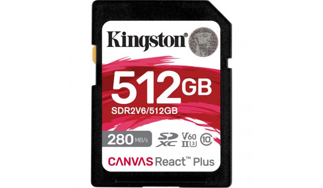 Kingston Canvas React Plus 512 GB SDXC Memory Card (UHS-II U3, Class 10, V60, A1)