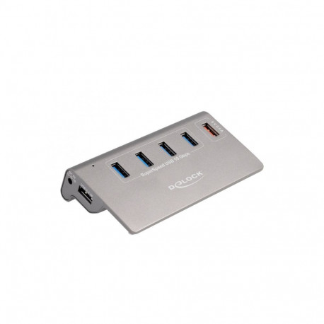 DeLOCK USB 10 Gbps hub with 4 USB Type-A ports + 1 quick charging port, USB hub (grey, incl. power s