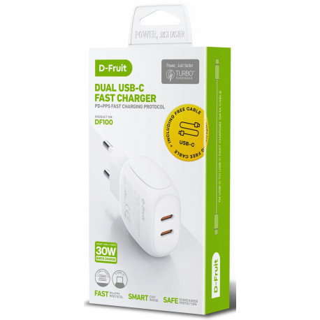 D-Fruit charger 30W 2xUSB-C + USB-C cable DF100 1m
