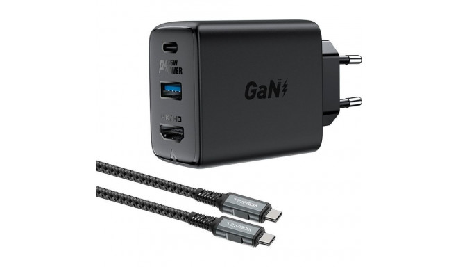 Acefast A17 GaN 65W USB-C / USB-A, HDMI adapter 4K 60Hz (komplekt kaabliga) - must