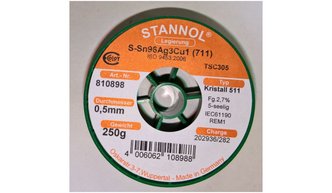 Pliivaba tina 0,5mm 250g Sn96,5Ag3Cu0,5 Kristall 511 TSC305