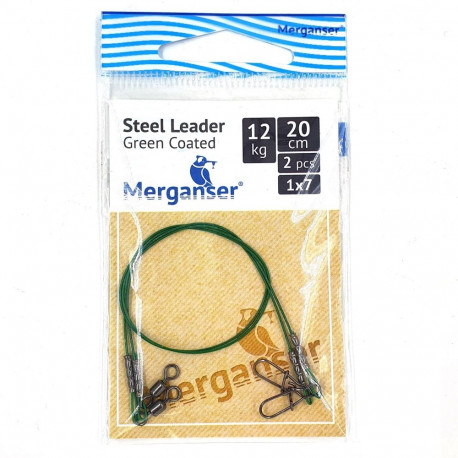 Steel leader, 1x7 covered, green, 12 kg, 20 cm, 2 pcs, Merganser