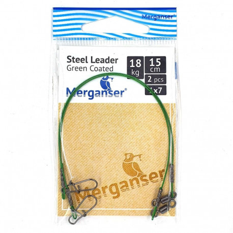 Steel leader, 1x7 covered, green, 18 kg, 15 cm, 2 pcs, Merganser