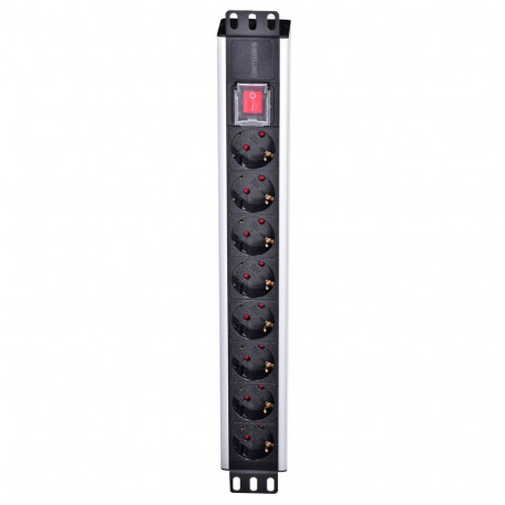 Intellinet 19" Rackmount 8-ne toitejaotur - Saksa tüüp, koos sisse/välja lülitiga, ilma ülepinge kai