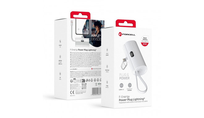 Powerbank Forcell F-Energy Power Plug F5K3 PD 20W 5000 mAh with built-in connector Lightning white