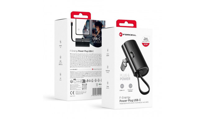 FORCELL F-ENERGY Power Plug F5K3 powerbank with built-in connector Type C PD 20W 5000 mAh black