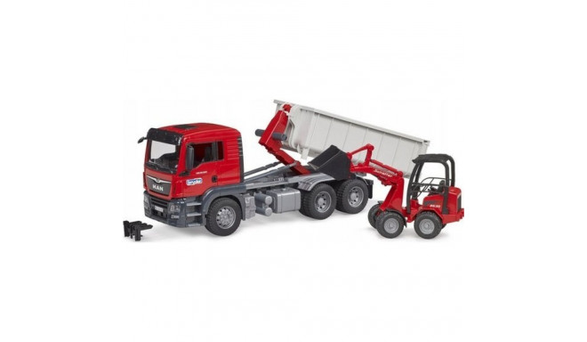 Bruder MAN TGS vehicle with a roller container and a mini excavator