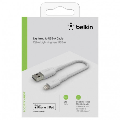 Belkin BOOST CHARGE™ Lightning - USB-A kaabel punutud, 0,15m, valge