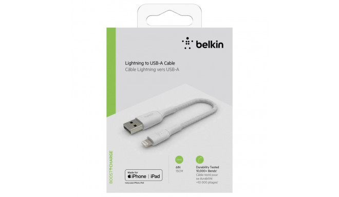 Belkin BOOST CHARGE™ Lightning - USB-A kaabel punutud, 0,15m, valge
