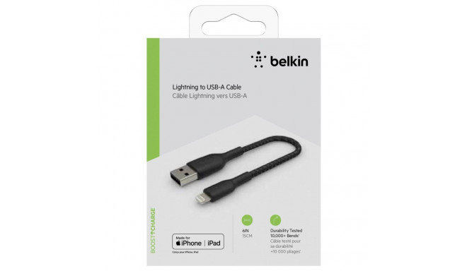 Belkin BOOST CHARGE™ Lightning - USB-A kaapeli punottu, 0,15m, musta