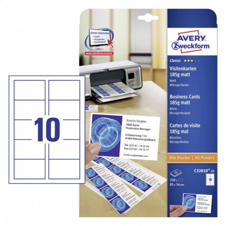 Visiitkaart AVERY ZWECKFORM 85x54mm 185g mikroperf.-ga 25 lehte matt valge