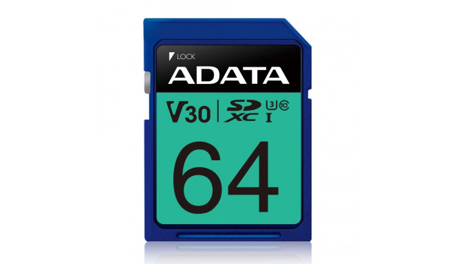 ADATA Premier Pro SDXC 64GB Class 10 UHS-I/U3 V30 kaart (ASDX64GUI3V30S-R)