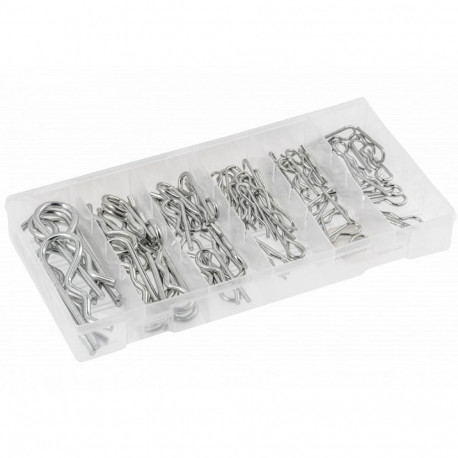 Hogert HT8G516 150pc Steel Pin Assortment, zinc-coated, spring, 6 sizes, 33-75mm, 2-4mm, plastic cas