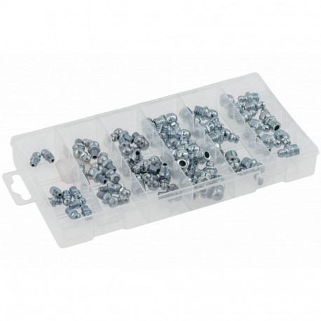 Hogert HT8G511 grease nipple set, 110pcs, M6x1/M8x1/M10x1, 45°/90°, zinc flake coated steel, plastic