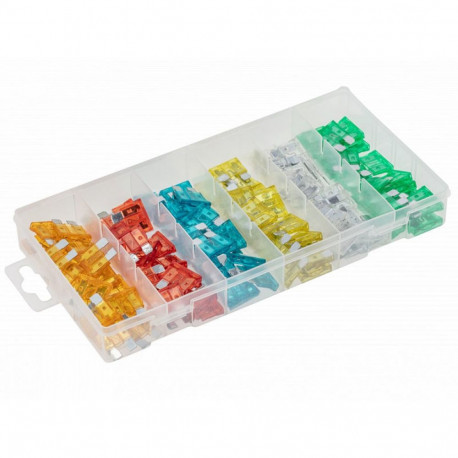 Hogert HT8G500, 120pc car fuse assortment, Mini-Flat, 5-30A, color-coded, plastic cassette
