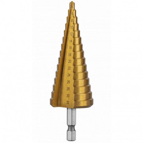 Hogert HT6D323 step drill bit, 4-32mm, 15 steps, HSS 4241, TiN coated, 118°, 1/4" hex shank, DIN 141