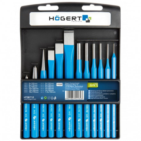 Hogert HT3B712 chisel and punch set, 12 pcs, CrV, 10-16mm, 1.5-8mm, plastic case