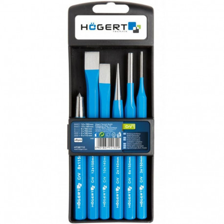 Hogert HT3B710 chisel and punch set, 6 pcs, CrV, 10x142, 10x152, 3x115, 6x152, 8x115 mm, plastic cas
