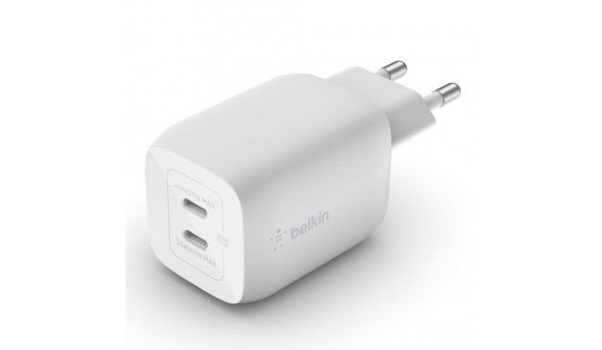 Belkin Boost Charge Pro Dual Port USB-C GaN 65 W PD 3.0 seinalaadija, valge