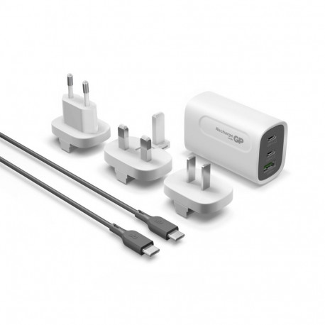 GP GaN PD 65 W -verkkovirtalaturi, 2x USB-C + 1x USB-A, valkoinen