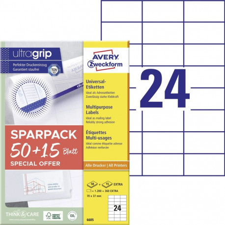 Sticker label AVERY Zweckform Ultragrip 70x37mm 50+15 sheets (6605)
