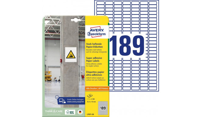 Sticker label industrial AVERY Zweckform 25.4x10mm on 189 sheets 20 sheets in a pack with extra stro