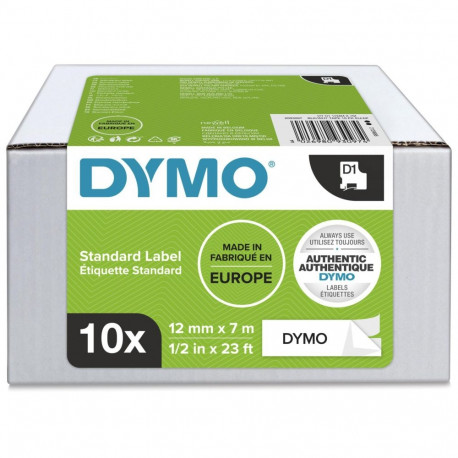 Dymo D1 teip 12 mm x 7 m, must valgel taustal, 10 tk pakend