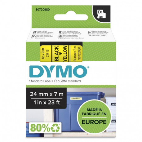 Dymo D1 teip 24 mm x 7 m, must kollasel taustal
