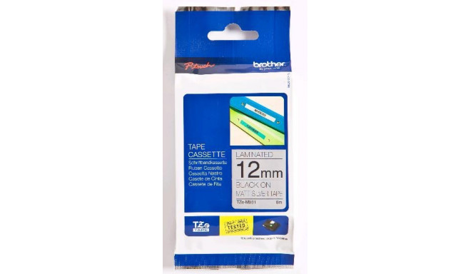 Brother TZe-M931 -mattmetallkleebis, 12 mm x 8 m, must tekst matt-hõbedasel taustal