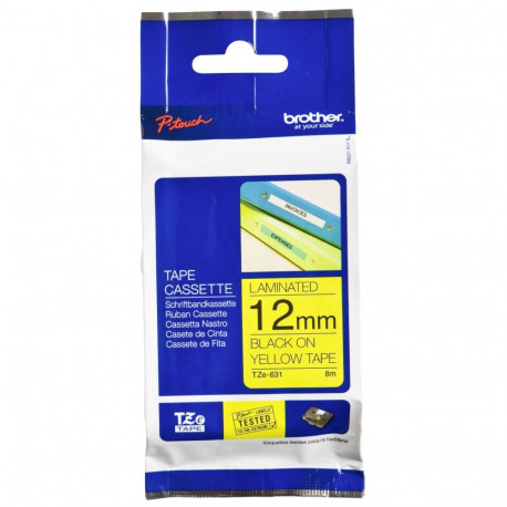 Brother TZe-631 -tarralint, 12 mm x 8 m, must kollasel taustal