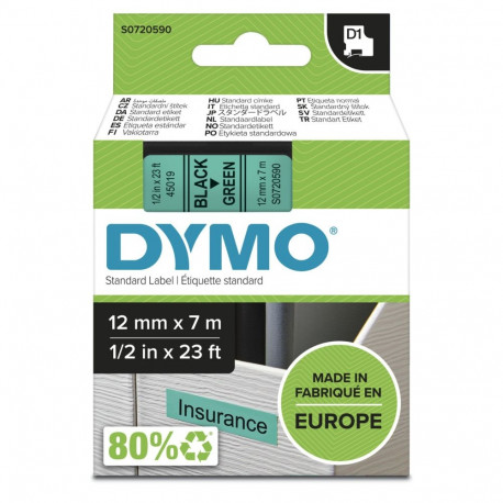 Dymo D1 teip 12 mm x 7 m, must rohelistel taustal