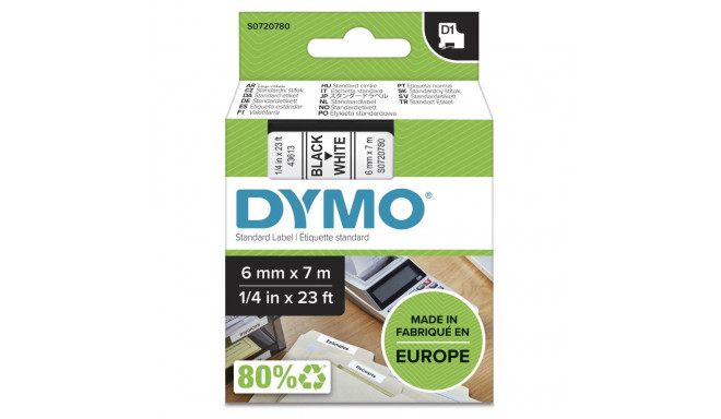 Dymo D1 teip 6 mm x 7 m, must valgel taustal