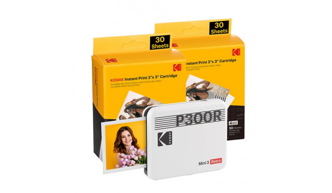 Kodak Mini 3 Retro P300rw60 Instant Photo Printer Bundle 3x3 White