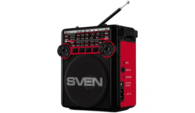 Speaker SVEN SRP-355, red (3W, FM/AM/SW, USB, SD/microSD, flashlight, battery)