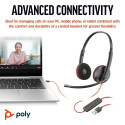 Poly Blackwire 3220 Stereo Wired Headset, USB-C, USB-C/A Adapter, Black