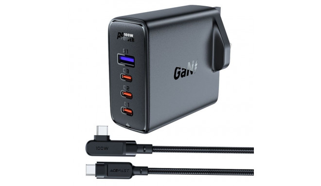 Acefast Fast charger GaN UK 100W Power Delivery 3x USB C 1x USB - black