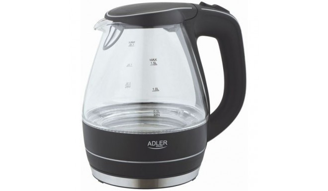 Adler Kettle Kettle AD 1224 Standard, Glass, Black, 2000 W, 360 rotational base, 1.5 L