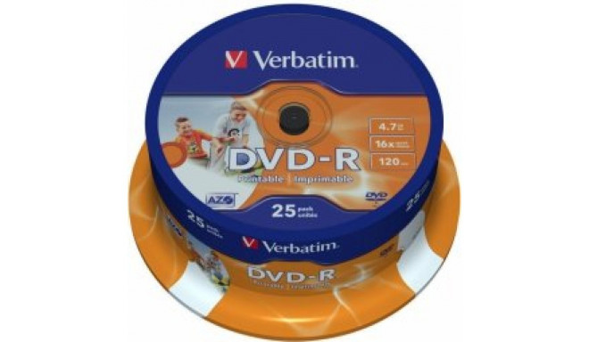 Verbatim Blank  DVD-R AZO 4.7GB 16x Wide Printable ID Brand 25 Pack Spindle