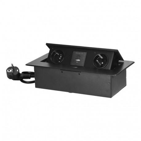 Gniazda meblowe wpuszczane w blat z płaskim frezowanym rantem, ładowarką USB i przewodem 1,5m, 2x2P+