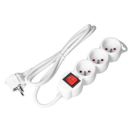 3-kordne pikendusjuhe 2P+Z, lülitiga, 3m H05VV-F 3x1,5mm2, Imax=16A, lame pistik, valge