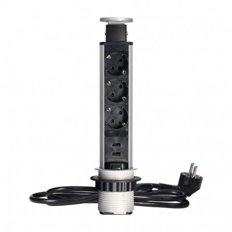 Mööblipesa -6cm tööpinnast väljatõmmatav USB-laadija, lukustuse ja 1,8m juhtmega, 3x2P+Z (Schuko), h