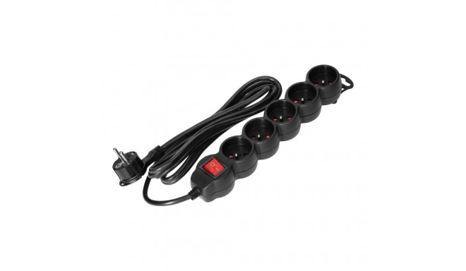 Przedłużacz 5-krotny 2P+Z, z wyłącznikiem, 5m H05VV-F 3x1,5mm2, Imax=16A, płaska wtyczka, czarny
