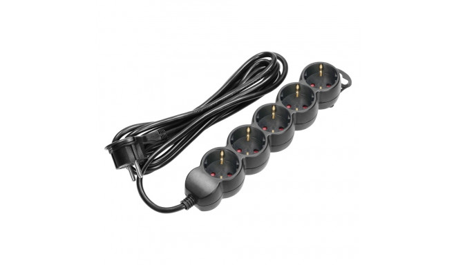 Przedłużacz 5-krotny 2P+Z (Schuko), 5m H05VV-F 3x1,5mm2, Imax=16A, płaska wtyczka, czarny