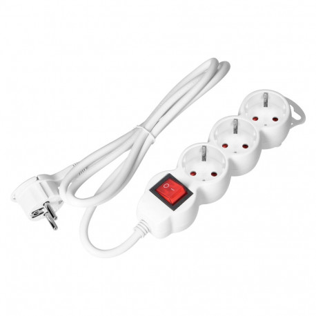 Przedłużacz 3-krotny 2P+Z (Schuko) z wyłącznikiem, 1,5m H05VV-F 3x1,5mm2, Imax=16A, płaska wtyczka, 