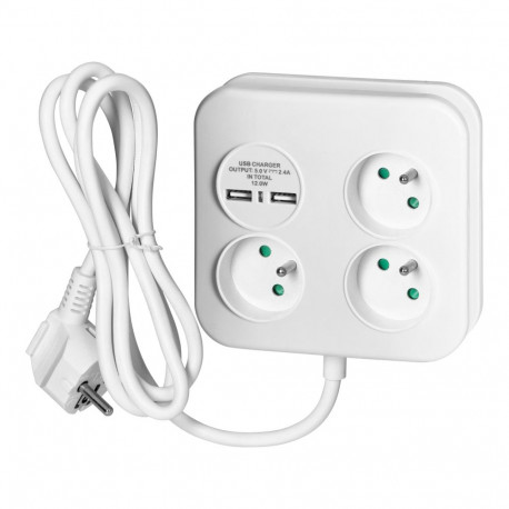 ruudukujuline pikendusjuhe USB-laadijaga 3x2P+Z, 2xUSB-A, kaabel 3x1,0mm2, 1,4m