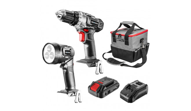 Energy+ komplekt: 18V akutrell-kruvikeeraja, taskulamp, kott, 2.0Ah aku, laadija