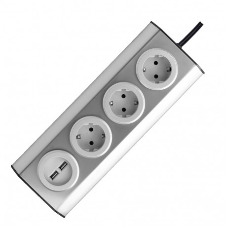 Mööbli- ja köögipesa USB-laadijaga, takjakinnitusega, 1,5m juhtme ja lameda pistikuga – 3x2P+Z Schuk