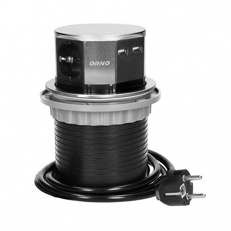 Mööblipesa, 10cm tööpinnast väljatõmmatav, USB-laadijaga ja 1,5m juhtmega, 3x2P+Z, 2xUSB, INOX, schu